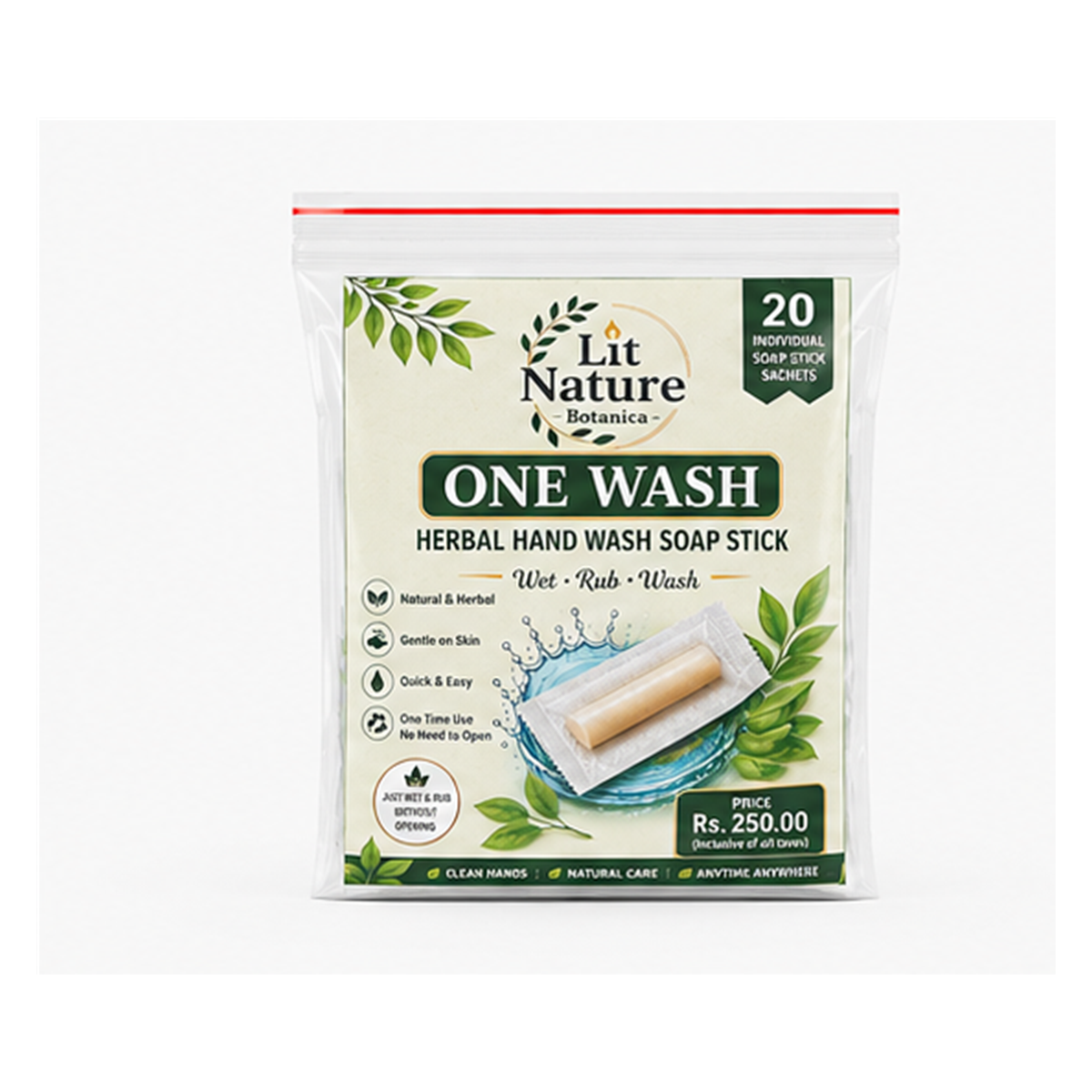 Lit Nature ONE WASH herbal hand wash soap stick pouch with original label